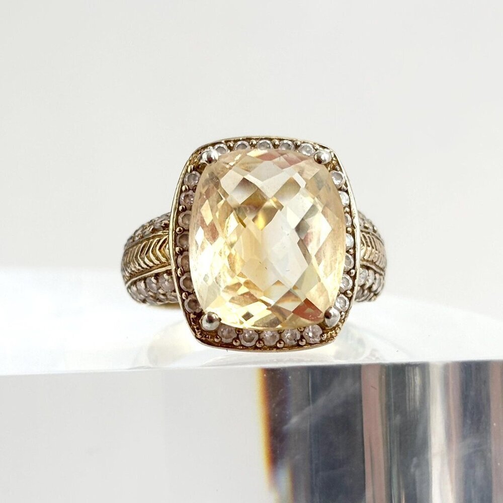 Stauer Signed Sterling Silver Gilt  Cushion Cut Citrine & CZ Halo Ring - sz 8
